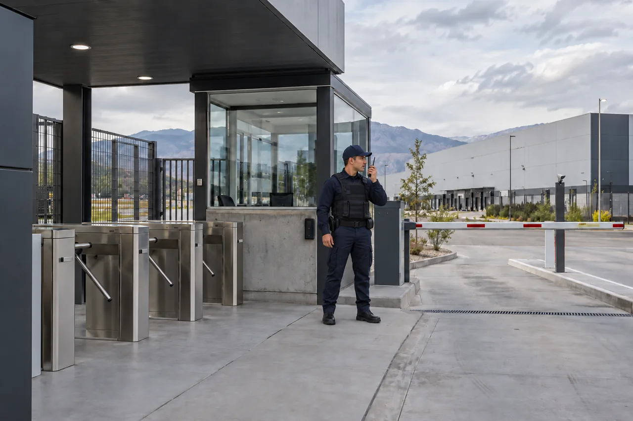 Escena referencial de un guardia hablando por radio y observando a distancia junto a una caseta de control de acceso