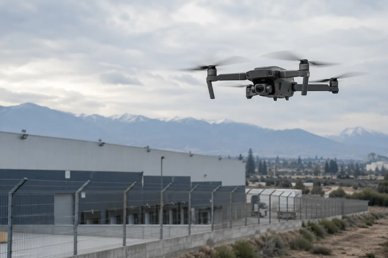 Escena referencial de un dron sobre el perímetro de una instalación industrial